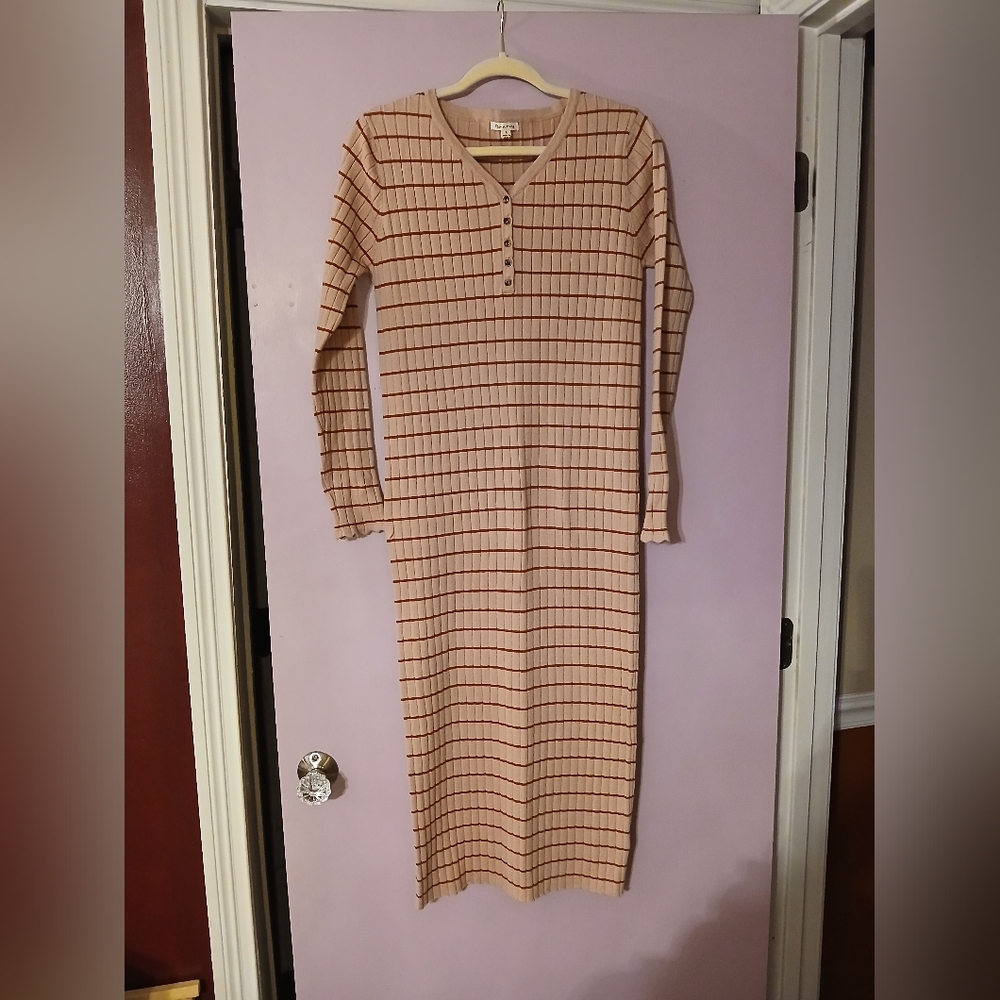 Large Mauve/maroon Striped Long Sleeve Sweater Dress